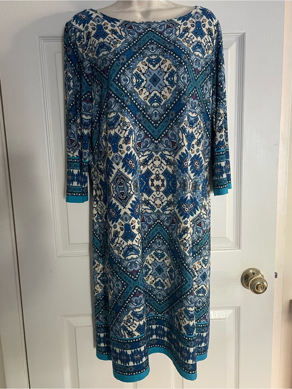 London Times Blue and Cream Long Sleeve Printed Shift Dress